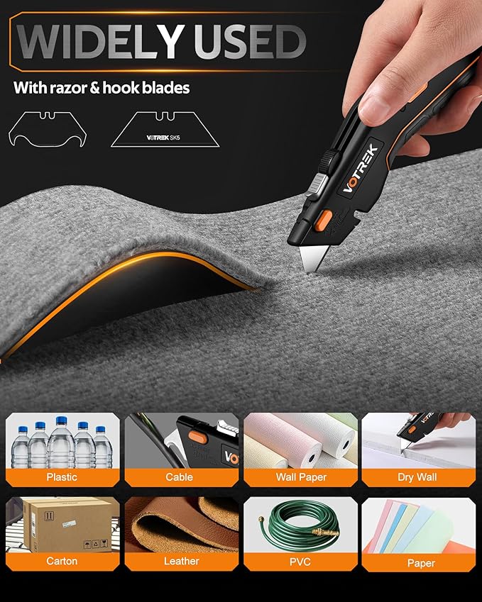 VOTREK® 2-Pack Box Cutter Utility Knife, [2-in-1] Retractable Box Cutter, Heavy Duty Safety Sharp Razor Knife for Home & Warehouse Cardboard, Carpet, [Blade Storage], with Extra Razor & Hook Blades