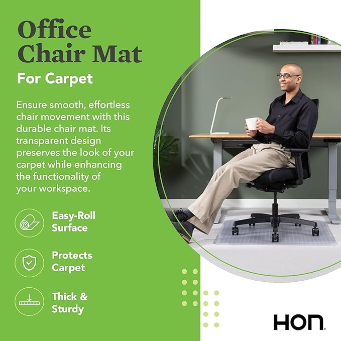 HON Office Chair Mat for Carpet, Computer Desk Chair Mat for Carpeted Floors, Easy Glide in Office or Home with Extended Lip (36” x 48”)