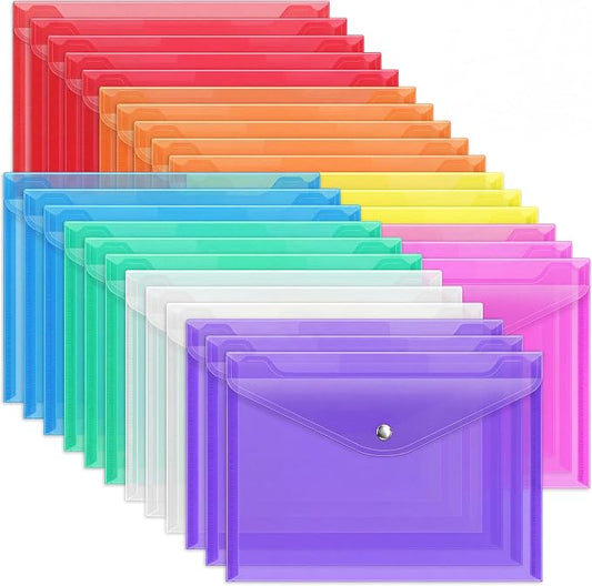 EOOUT 28pcs Plastic Envelopes, Plastic Folders for Documents, Poly Folders with Snap Closure, 8 Colors, A4 Size, Letter Size, for School and Office Supplies