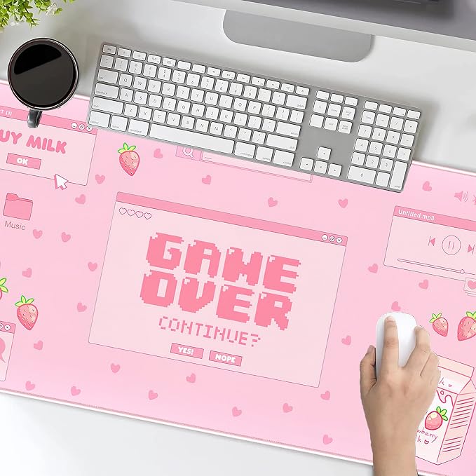 Pink Kawaii Anime Gaming Mouse Pad XXL, Strawberry Milk Mousepad Large, Aesthetic Laptop Keyboard Mats, Full Desk Mouse Mat for Women Girl 31.5X15.7 in