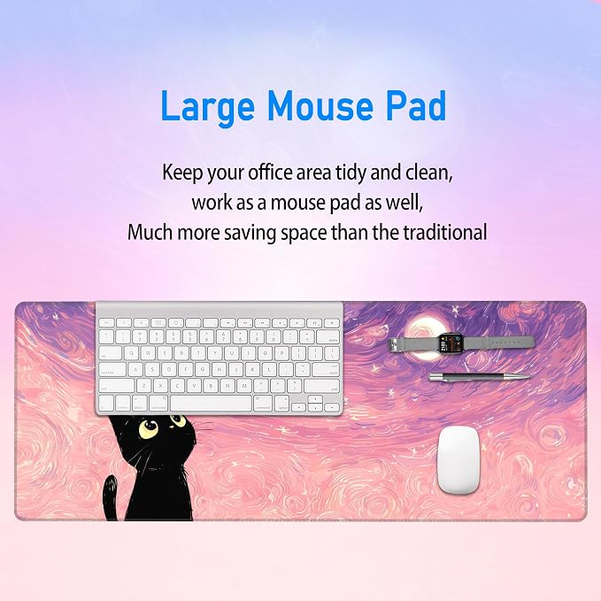 Starry Night Cat Desk Mat,Pink Cute Large Gaming Mouse Pad,31.5x12in | Dreamy Anime Kawaii Extended Mousepad,XL Washable Desk Decor Keyboard Mat,Stitched Edges Mousemat for Women,80x30 cm