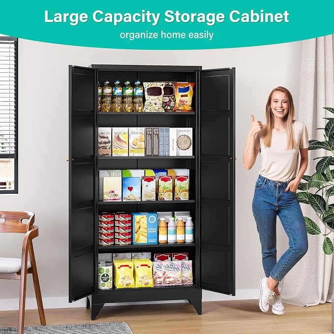 Pantry Storages Cabinet with 2 Doors and 5 Shelves,Tall Storage Cabinet,Large Cupboard Closet,Metal Storage Cabinet for Home,Bathroom,Dining/Living Room (Black, 71" H)