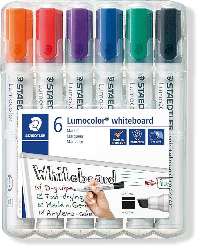 STAEDTLER 351 B WP6 Lumocolor Whiteboard Marker Chisel Tip - Assorted Colours (Pack of 6)