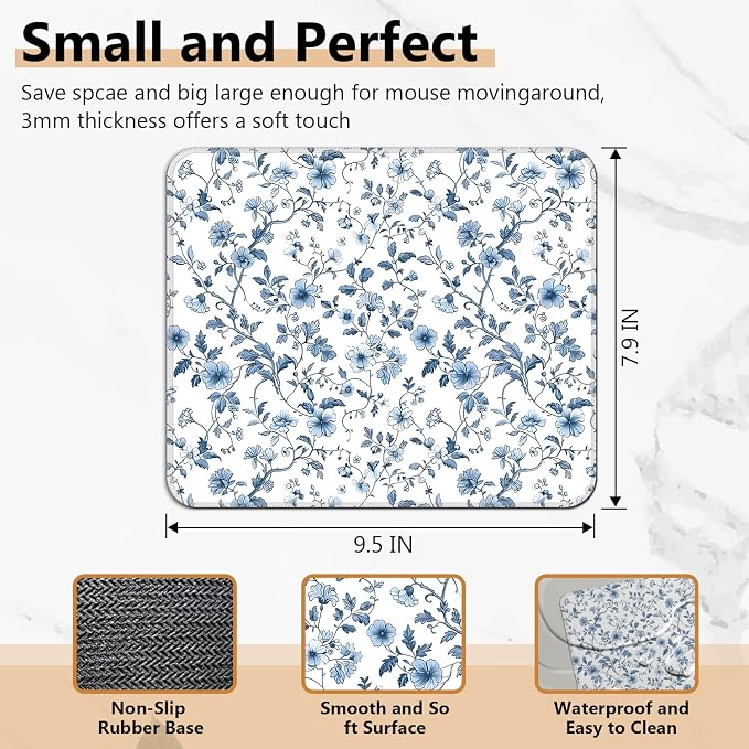 Blue Chinoiserie Floral Mouse Pad, Blue and White Flower Cottagecore Square Mousepad Mouse Mat with Anti-Slip Rubber Base for Computer Laptop Home Office Desk, 9.5x7.9 in