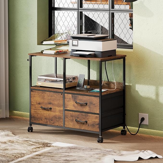 DEVAISE 3 Drawer Mobile File Cabinet with Storage Shelf, Charging Station | Rolling Printer Stand, Fabric Lateral Filing Cabinet fits A4 or Letter Size, Adjustable Shelf for Home Office, Rustic Brown