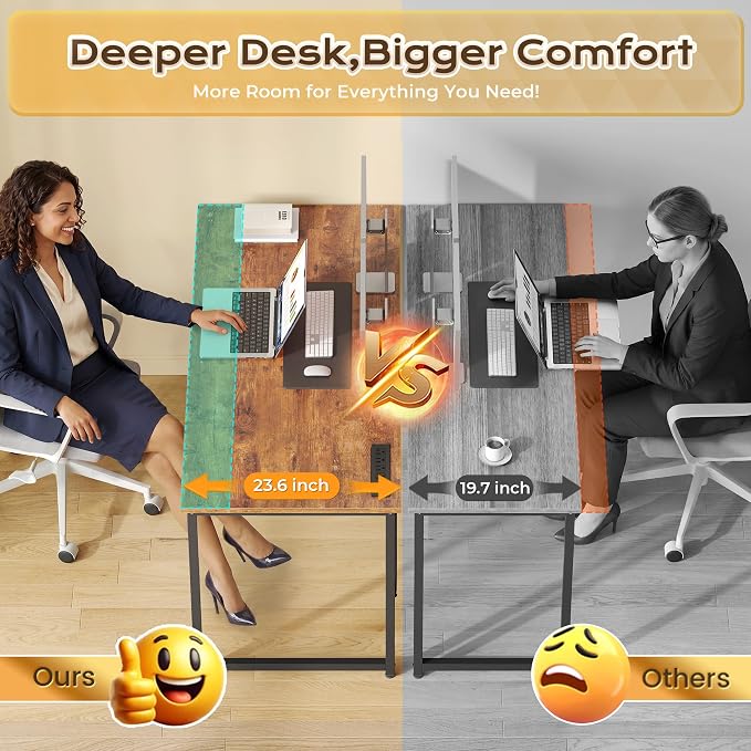 40 X 24 Inch Deeper Desk with Power Outlets | Small Computer Desk for Bedroom, Office Desk for Work from Home, Writing Study Gaming Table, Stable Metal Frame, Rustic Brown
