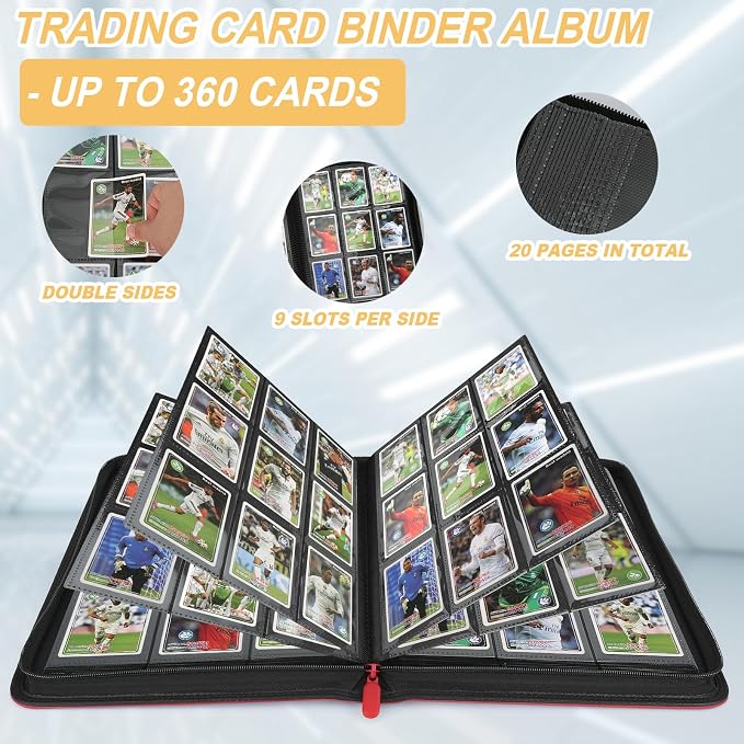 360 Cards Ringless 9-Pocket Side Loading Trading Card Binder, PU Zipper Fixed Page Card Album for TCG Sports Cards, Not Fit Top Loaders (RED)