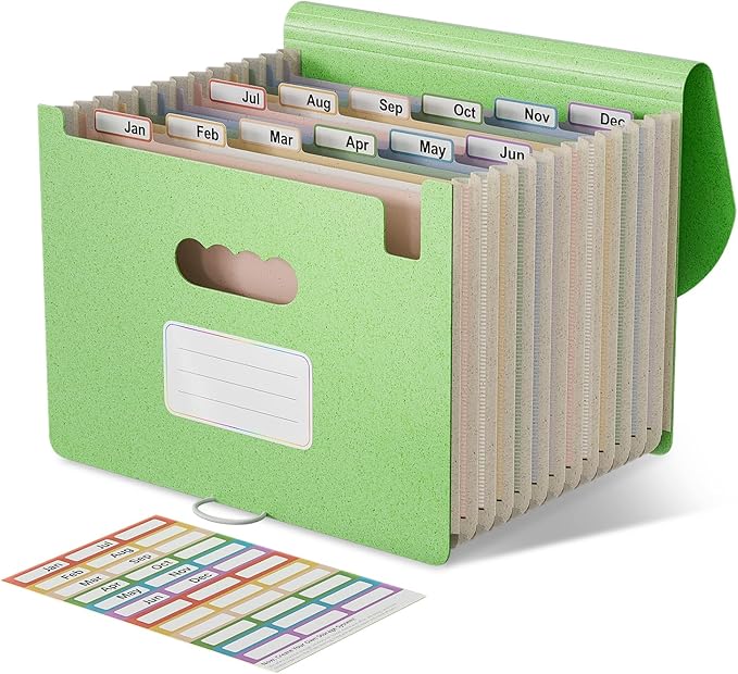 Accordion File Organizer, 12-Pocket Wheat Straw Expanding File Folder, Portable Monthly Bill & Tax Receipt Organizer, Letter/A4 Size Document Holder with Colorful Tabs-Grass Green
