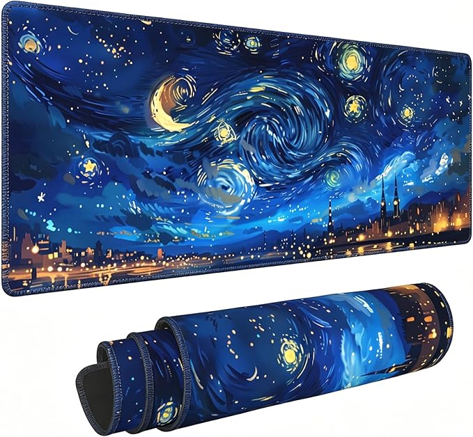 Starry Night Desk Mat,Large Van Gogh Art Gaming Mouse Pad,31.5x12 in | Blue Night Sky Moon Aesthetics Mousepad,XL Extended Desk Decor Deskmat,Soft Micro Woven Cloth Keyboard Pad,80 x 30 cm