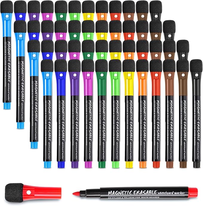 EMART Dry Erase Markers Fine Tip 48 Count Magnetic White Board Markers | 1-2mm Thin Whiteboard Pens with Eraser Cap Low Odor for School, Classroom, Office, Home, Teacher Must Haves