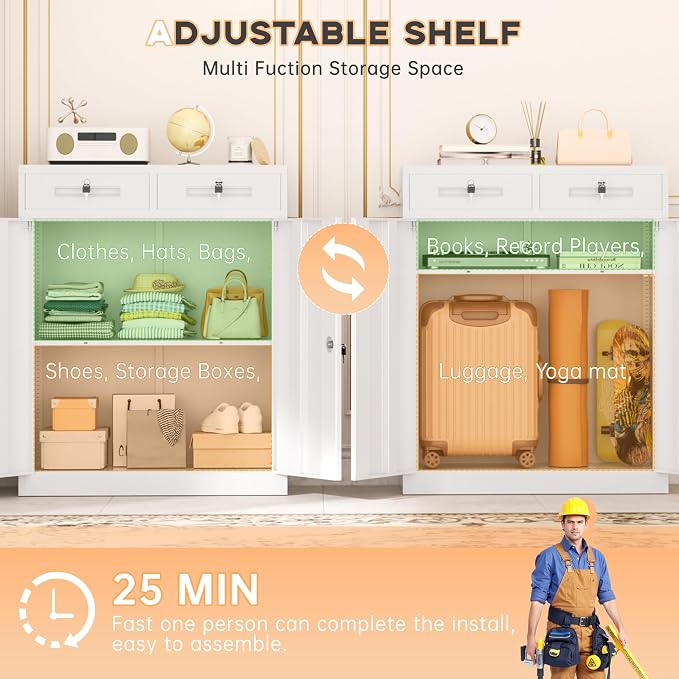 Metal Garage Storage Cabinets with Lock,Steel Storage Cabinet with Drawer and 2 Adjustable Shelves, Small Lockable Office Steel Cabinet for Home, Warehouse, School, White