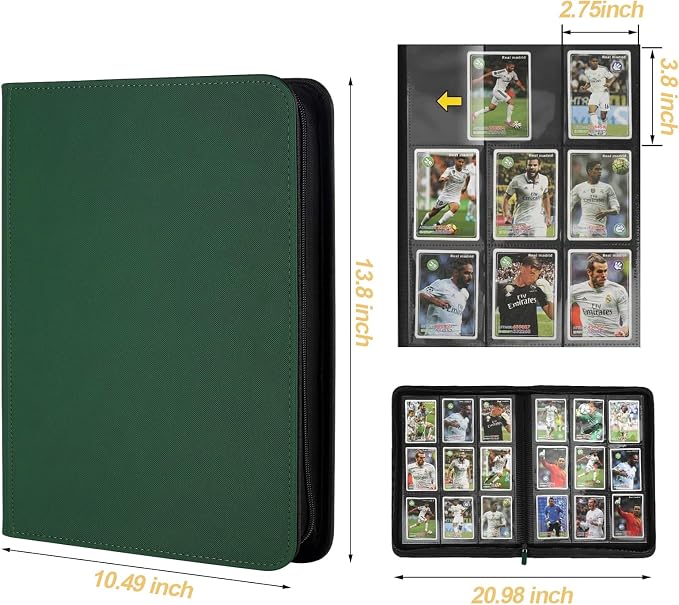360 Cards Ringless 9-Pocket Side Loading Trading Card Binder, PU Zipper Fixed Page Card Album for TCG Sports Cards, Not Fit Top Loaders (DARKGREEN)