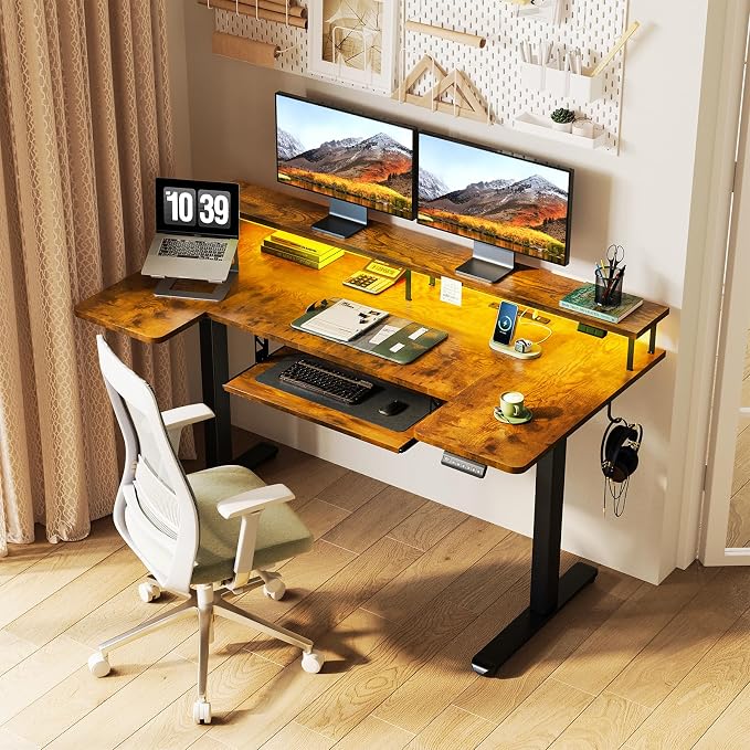 55 Inch U Shaped Standing Desk with Keyboard Tray, Rustic Brown | Power Outlet, Dual-Monitor Stand, LED Light, 3 Presets, 28.3"-46.5"in Range, 154 lb Capacity