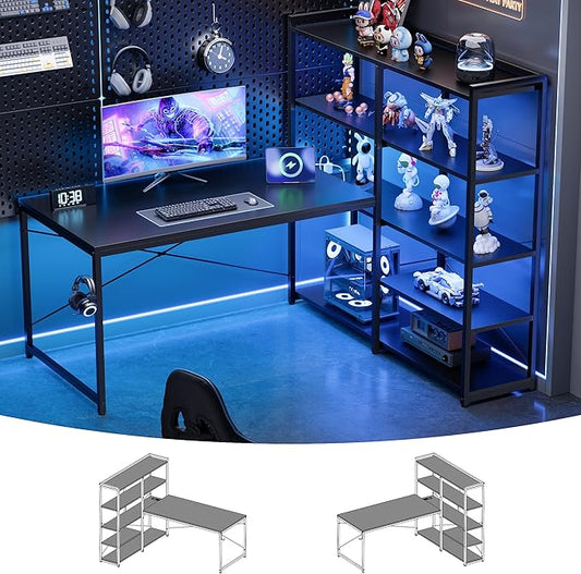 Pamray L Shaped Computer Desk with Reversible Side Storage Shelves, 49 Inch Gaming Desk with Power Outlets and Led Lights, PC Table for Home Office and Bedroom Black
