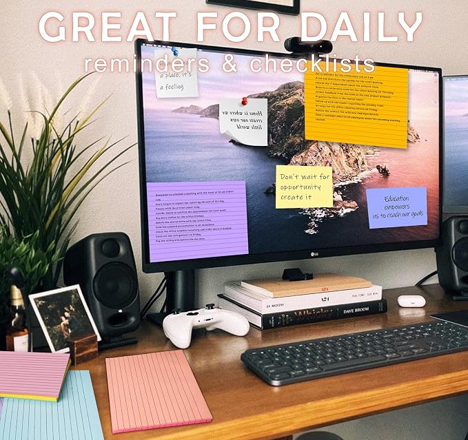 400 Sheets Lined Sticky Notes 8x6in Large,No Ink Bleed-Through,Home/School | 50 Sheets/pad Ruled Giant Post Stickies,Smooth Writing,8 Pack Extra Bright Self Sticky Super Memo Pads for Students Office