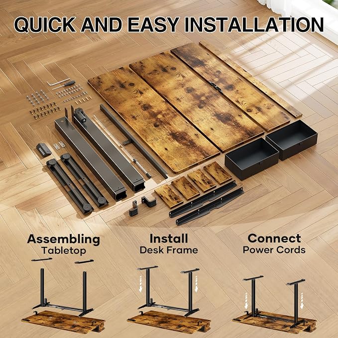 Veken 55x26 in Electric Standing Desk with Drawers, Adjustable Table, Brown | Stand up Computer Desk for Home Office, Work & Study, with Storage, 3 Memory Presets, Cable Organizer, Hook, and Quiet Lift.