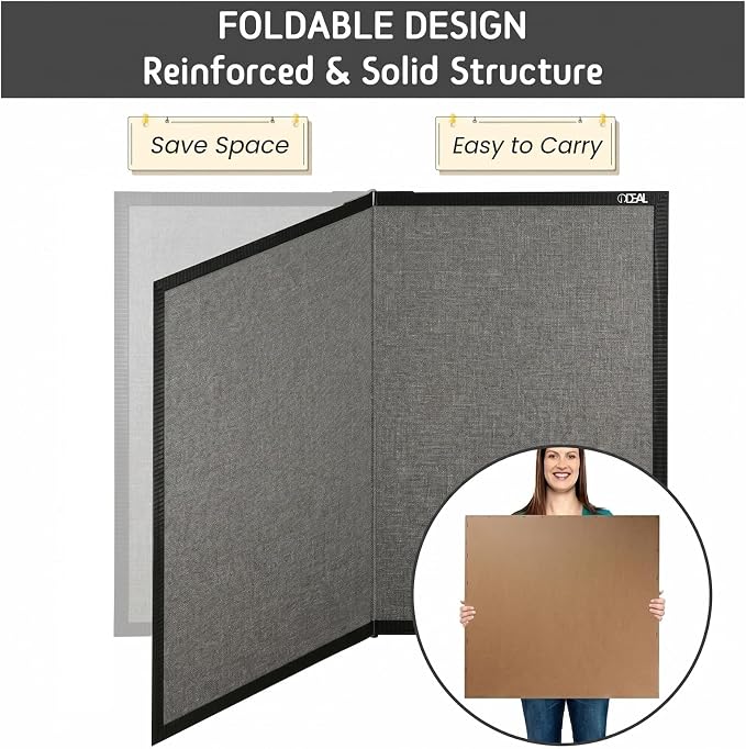 Gideal Large Bulletin Board 48 x 48, Cork Boards for Walls | Foldable Cork Board with Black Pine Frame & Grey Linen Surface, Wall Mounted Pin Board for Home Office, Classroom, Kitchen