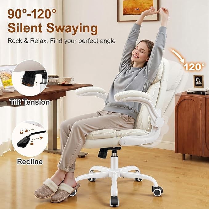 Leather Office Chair, PU Computer Desk Chairs with Upgraded Double-Layer Seat Cushion and Neckrest, 360°Swivel, Ergonomic Small Gaming Chair with Wheels and Adjustable Armrests for Short People, White
