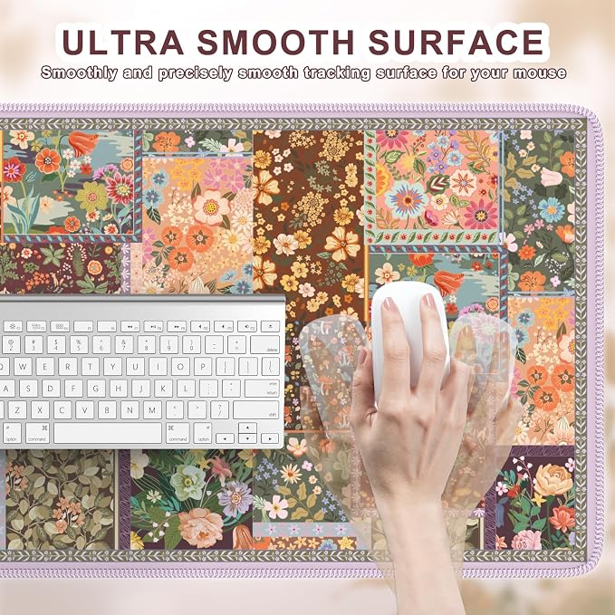 iCasso Floral Desk Pad Mat, Large Mouse Pad, Desk Matt for Desktop, Brown | Anti-Slip XXL Big Mousepad with Stitched Edges for Computer Keyboard