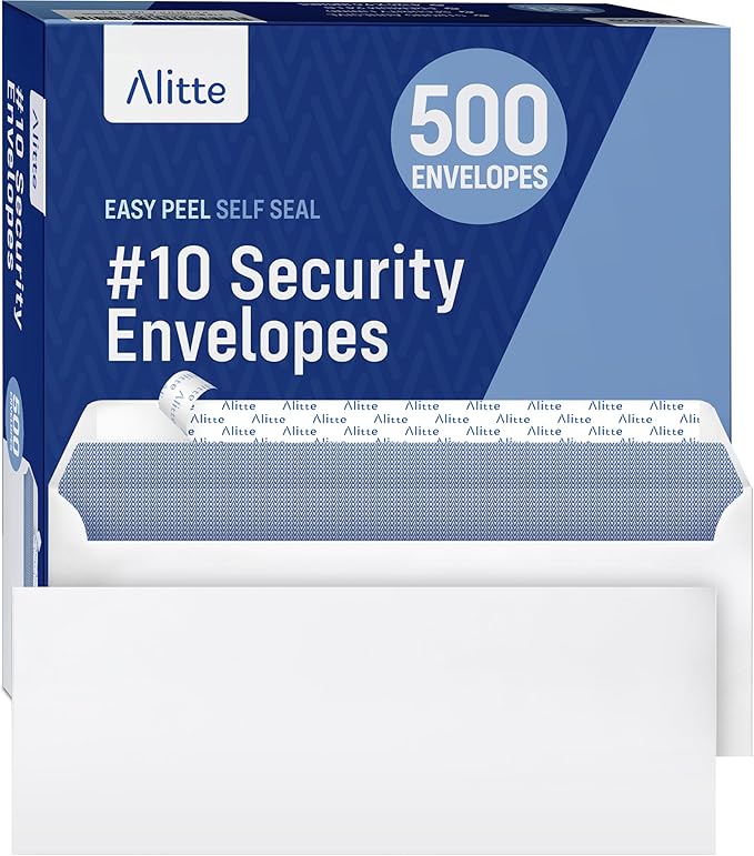 #10 Security Envelopes Letter Size Self Seal, 500 Count, Mailing Envelopes, Checks, Letters, Office Documents - Windowless, Security Tinted, Business Envelopes - White, 4-1/8" x 9-1/2"
