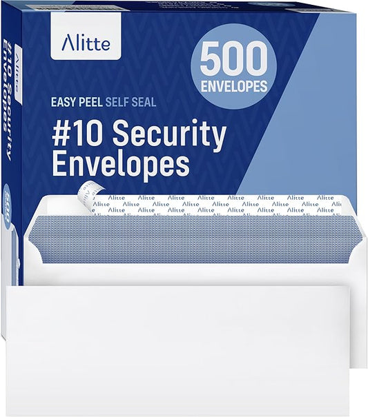 #10 Security Envelopes Letter Size Self Seal, 500 Count, Mailing Envelopes, Checks, Letters, Office Documents - Windowless, Security Tinted, Business Envelopes - White, 4-1/8" x 9-1/2"