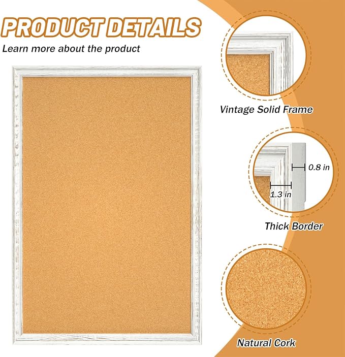 White Cork Board for Wall, 36 x 24 inches Decorative Bulletin Board, Rustic Wooden Frame Pin Board for Office, Dorm, Home Decor