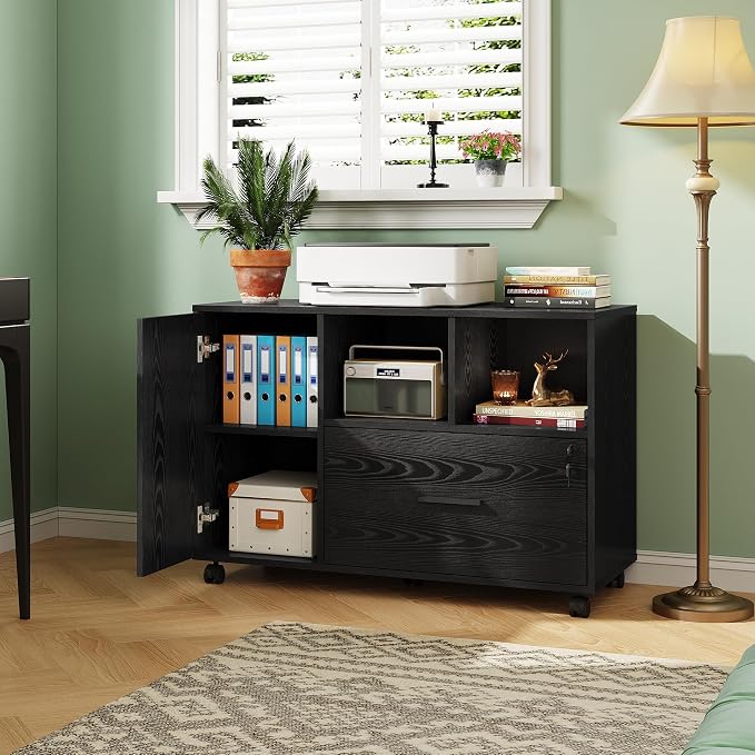 DEVAISE Printer Stand with Storage, Mobile Wood File Cabinet, Black | Locking & Rolling, Lateral Filing Cabinet, Doors and Shelves, Fits Legal/letter/A4, for Home Office, Study