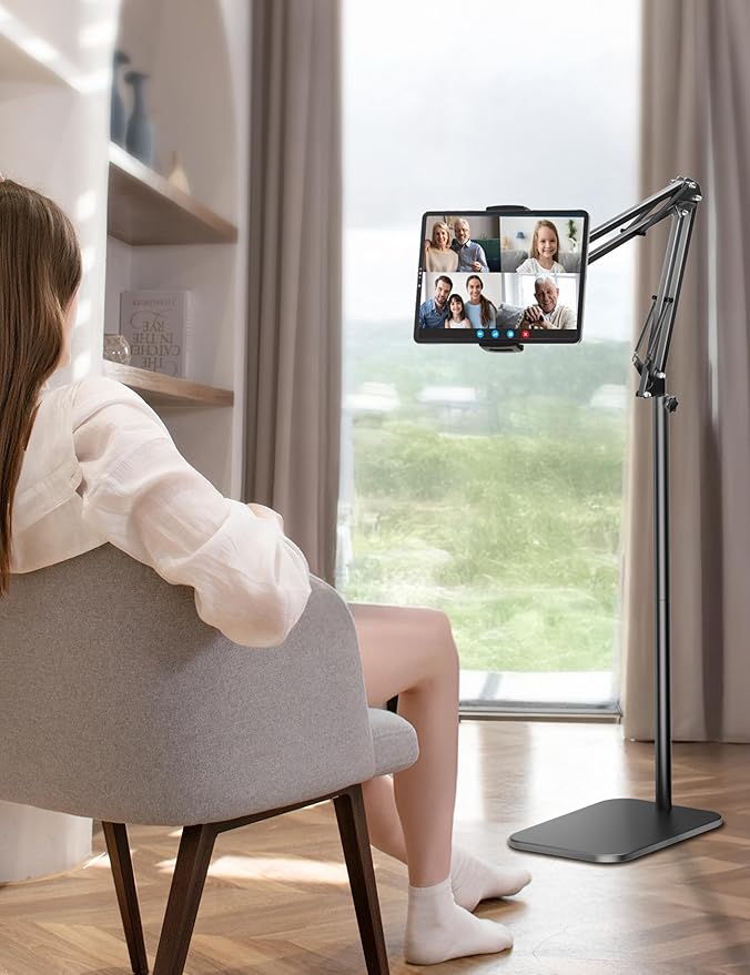 Tablet Floor Stand with 4.5LB Heavy Metal Base,Overhead Bed Phone Stand Angle Height Adjustable Holder, Universal Phone Mount for iPad iPhone Pro Air Mini, Samsung Tab, Kindle, E-Readers...