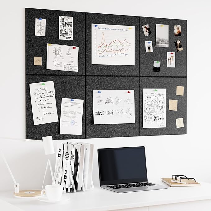 Large Cork Board for Wall, 36" x 24" Bulletin Board with Pushpins, 6 Panels Felt Tiles Tack Push Pin Board for Office, Dark Gray