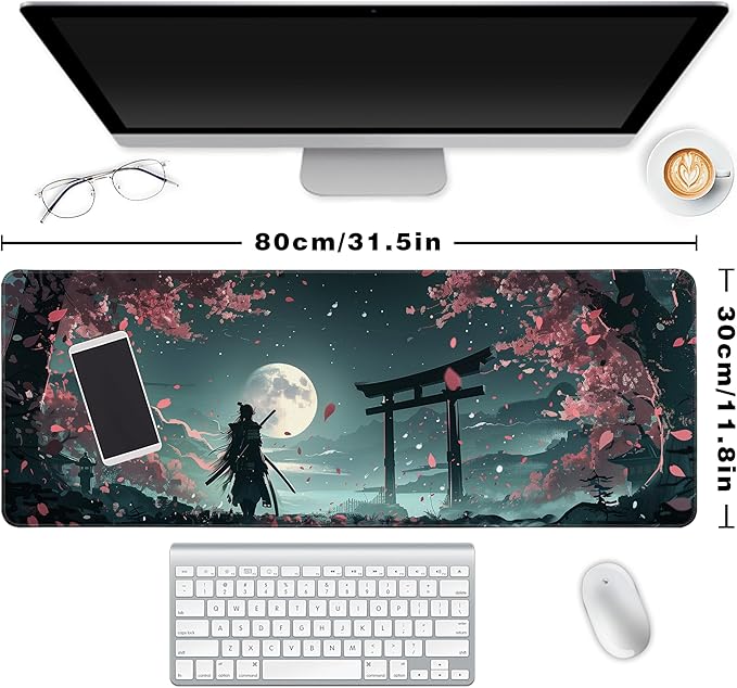 Long Gaming Mouse Pad Extended Anime Large Desk Pad with Non-Slip Base Full Keyboard Mat with Stitched Edges for Gaming and Office 31.5 x 11.8 inches (Samurai)