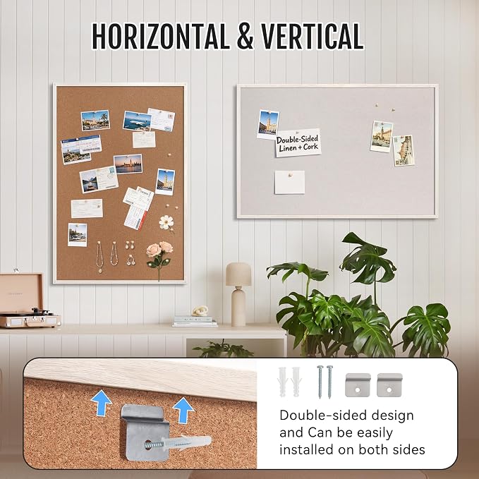 SELEAD Double-Sided Linen and Cork Bulletin Board (36”x24”, Oatmeal White) | 2-in-1 Fabric Linen & Cork Pin Board, White Wood Frame Wall Decor Photo Display Vision Board for Home Family, Office, Kitchen