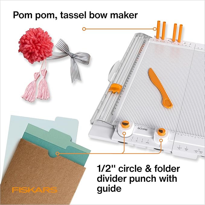 Fiskars 12" All-in-One PPC Tool, TripleTrack System, Scoring Surface, Pom Pom and Tassel Maker, Compact Folding Design for Crafting