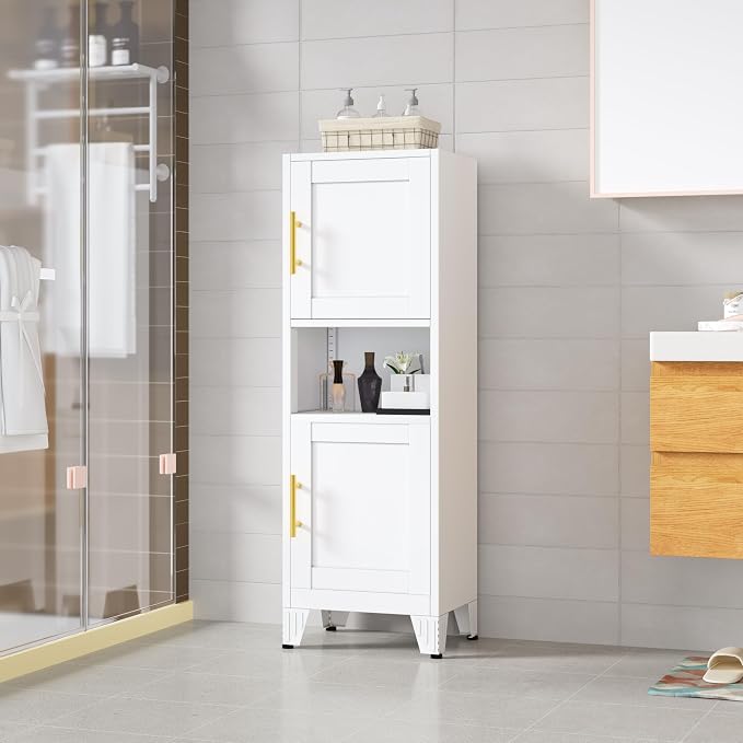 Metal Tall Narrow Bathroom Storage Cabinet, Freestanding Floor Cabinet with 2 Doors and Adjustable Shelves, Pantry Storage Cabinets for Bathroom, Living Room, Entryway and Kitchen (White)