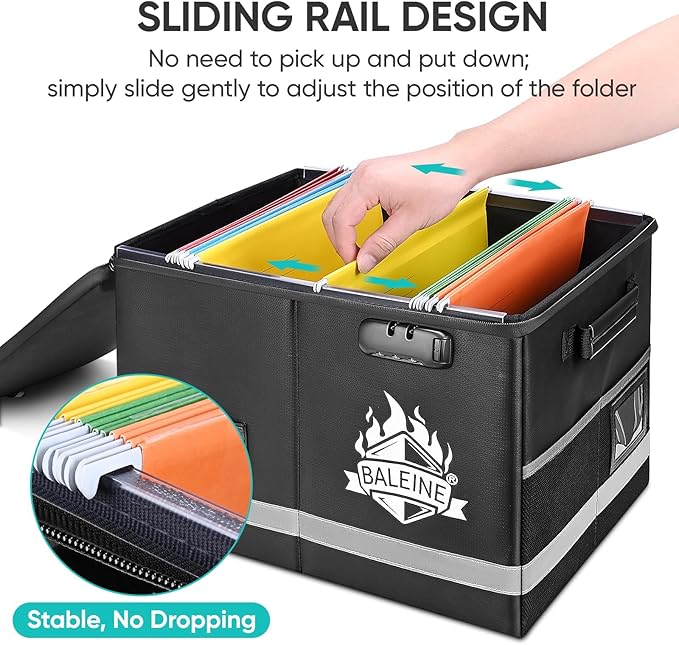 BALEINE Fireproof Document Box with Lock, Portable Waterproof Fire Proof File Organizer Box, File Storage Bag Safe Box for Important Paperwork (Black, 16''x12.5''x11.5'')
