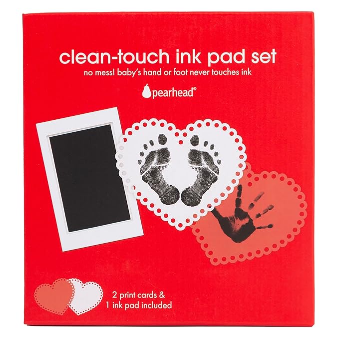Pearhead Valentine's Day Baby Clean-Touch Ink Pad Set, No Mess Handprint and Footprint Maker, Baby's First Valentine, 2 Heart Print Cards