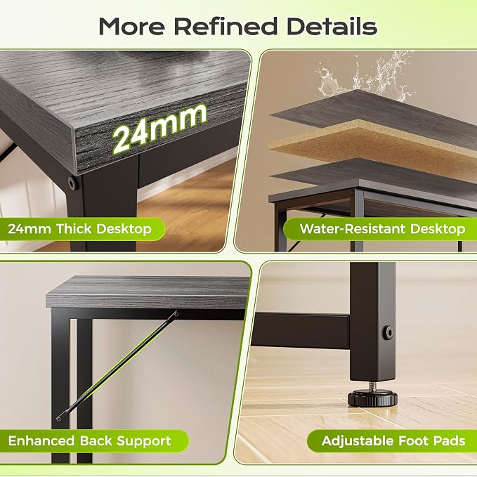 61" L Shaped Computer Desk, Power Outlets, Monitor Stand, Grey | USB-C Ports, Reversible Charging Station, Spacious Desktop & Legroom, 0.94 Inch Thick Desktop, for Gaming, Study & Work