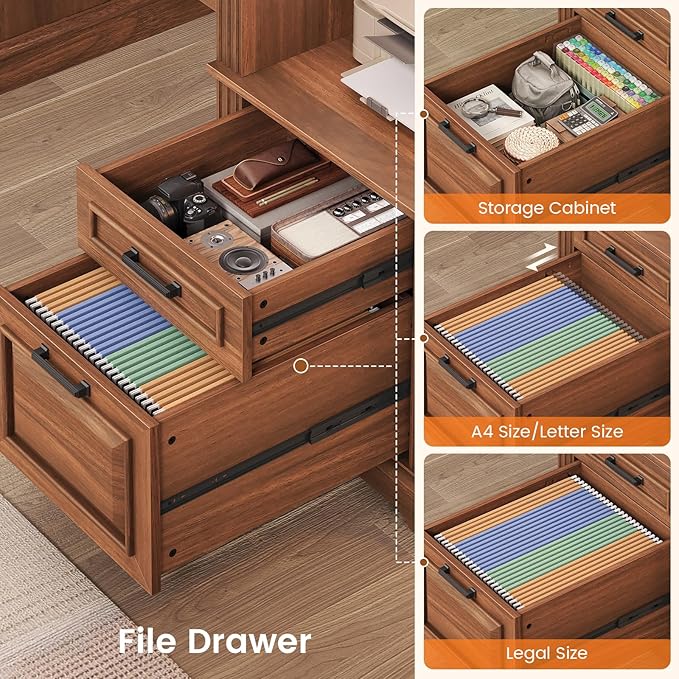SEDETA Farmhouse Executive Desk, 62'' Home Office Desk with File Drawers, 3Drawer and Storage Cabinet, Computer Desk with Power Outlet for Home Office, Work Study Writing, Walnut