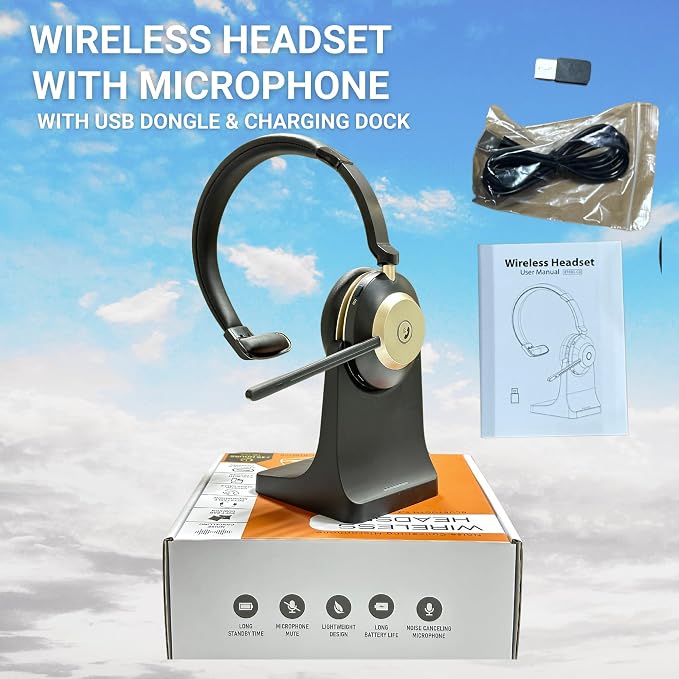 Bluetooth Headset, Wireless Headset with Mic for Work, Bluetooth 5.3, Wireless Headphones with AI Noise Cancelling Microphone (Clear Calls & Mic Mute), for Computer/PC/Laptop, USB Dongle.