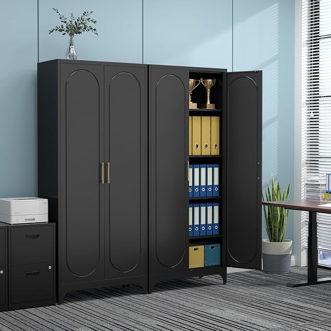 75" Tall White Storage Cabinet with Doors & 4 Adjustable Shelves | Metal Kitchen Pantry Cabinet, Metal Cabinet for Kitchen, Garage, Home Office, Living Room & School