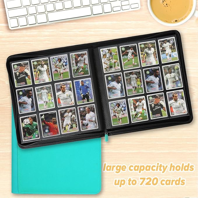 12 Pocket Ringless Side Loading Trading Card Binder, 720 Cards PU Fixed Page Zipper Card Album for TCG Sports Game Cards, Not Fit Top Loaders (Lake Blue)