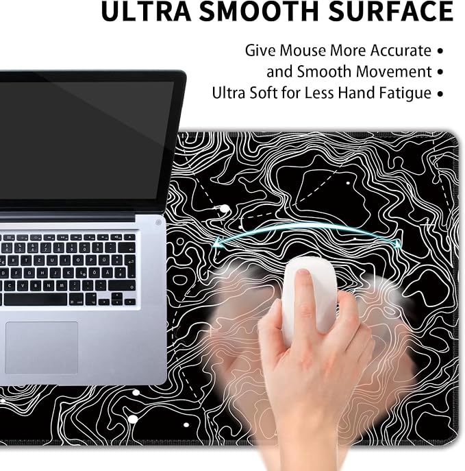 Black with White Topographic Line Large Mouse Pad,Gaming Keyboard Desk Pad,Extended Mouse Mat Non-Slip Rubber Base with Stitched Edges for Office Game Home XXL 35.4"x15.7"