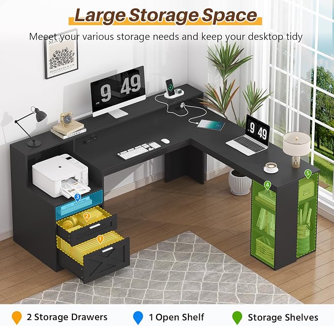 63" Farmhouse L Shaped Desk with Drawers & Storage Shelves for Home Office | Corner Desk with Power Outlets & LED Lights, L-Shaped Office Desks with File Drawer, Printer Shelf, Monitor Stand, Black