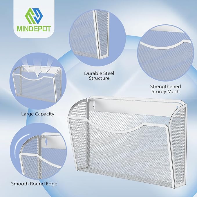 MINDEPOT Wall File Organizer, Hanging Wall File Holder, 2 Pack, Silver | Heavy Duty Iron, Metal Mesh Wall Mount, Single Pocket, Mail Organizer, for Office School Classroom Home, Letter A4 Size
