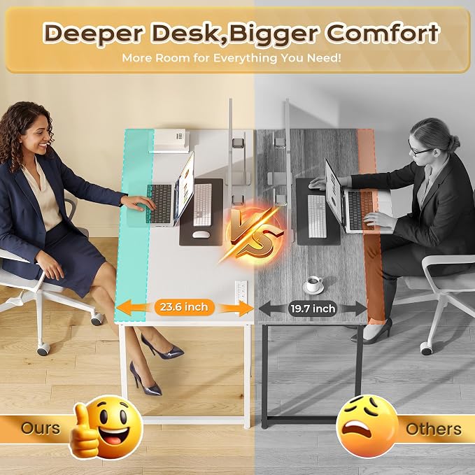 47 X 24 Inch Deeper Desk with Power Outlets | Computer Desk for Bedroom, Office Desk for Work from Home, Writing Study Gaming Table, Stable Metal Frame, White