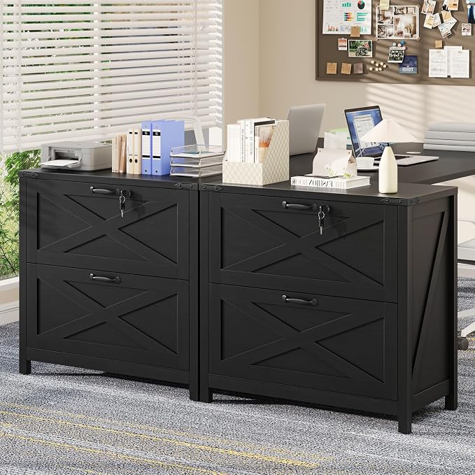 Halitaa Farmhouse Lateral File Cabinet with 2 Drawers, Rustic Black | Lateral Filing Cabinet with Lock for Letter/A4/Legal Size, Large Wood File Storage Cabinet Printer Stand for Home Office