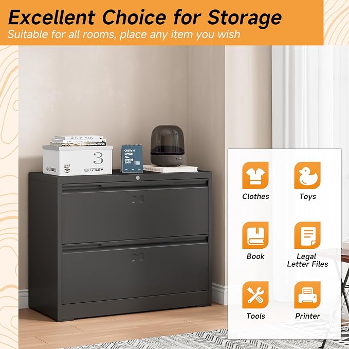 Bestoo 2 Drawer File Cabinet, Metal Lateral Filing Cabinet with Lock | Lockable Drawers, Large Storage Capacity, Heavy Duty Build, Smooth & Quiet Slides, Suitable for Letter/Legal/F4/A4 Size
