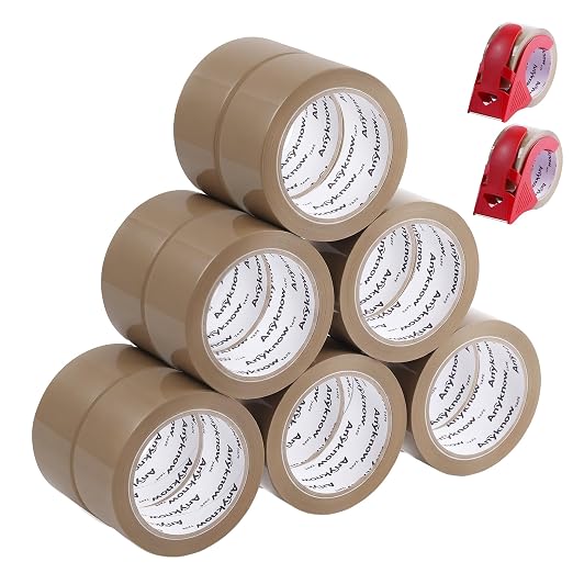 12 Rolls Heavy Duty Brown Packing Tape with 2 Dispenser 1.88 In x 60 Yds | Strong Adhesive Packaging Tape, Moving Tape for Boxes, For Carton Sealing, Shipping, Mailing & Storage, 2.5 mil Thickness