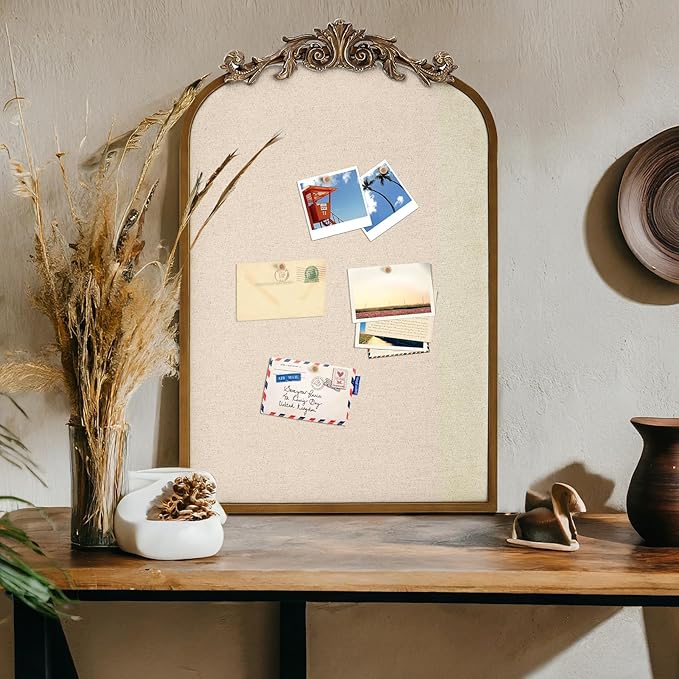 Vintage Framed Pin Board Linen Display Bulletin Board Large Ornate Fabric Picture Photo Pinboard Memo Decorative Prayer Pinboard Ornate for Wall Gift(Arch,19" X 31",Retro Golden)