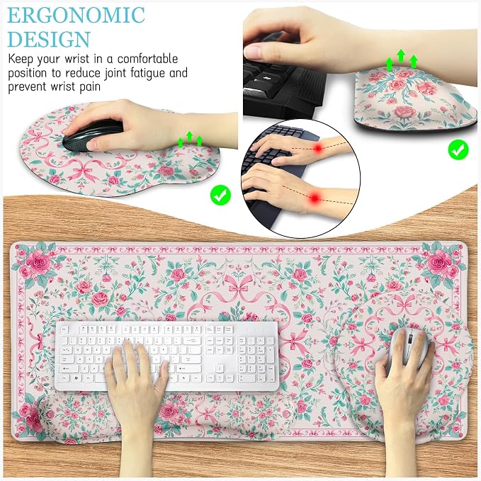 LIMKRIAN Pink Floral Desk Mat, Ergonomic Mouse Pad Set with Wrist Rest | Non-Slip PU Base, Stitched Edges, Keyboard Wrist Rest Ease Pain, Ideal For Office/Gaming, Cute Home Office Decor for Women