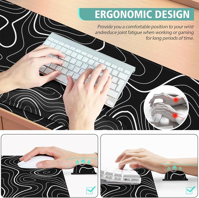 4 in 1 Large Mouse Pad,Keyboard Wrist Rest Set,Desk Mat with Stitched Edges Thicken Desk Pad,Wrist Support for Keyboard and Mouse,Desk Mat for Home Office Game(Black Marble)